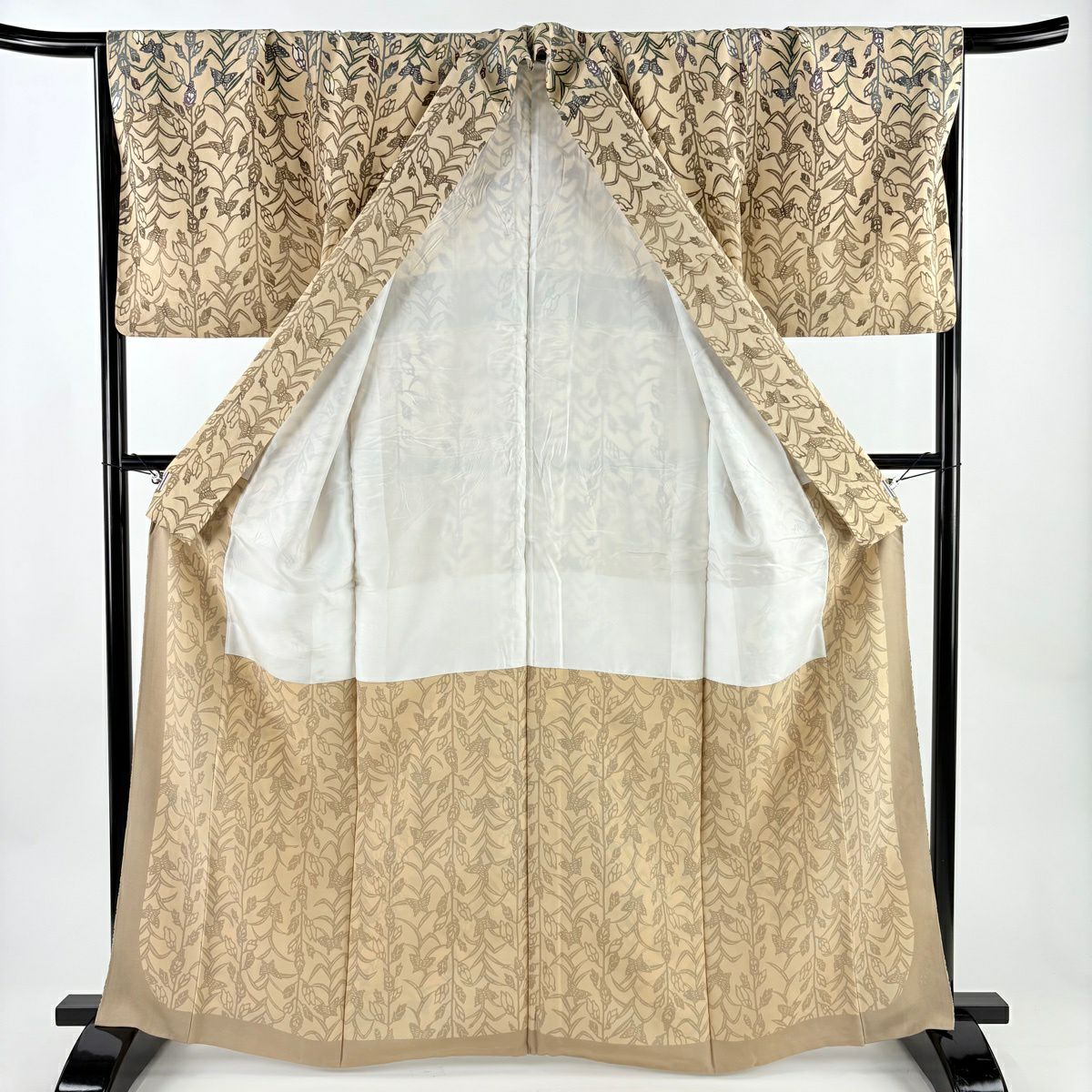 付下 身長164.5cm 袖長67cm M 雙層 蝶 草花紋 薄茶 純蠶絲 逸品級