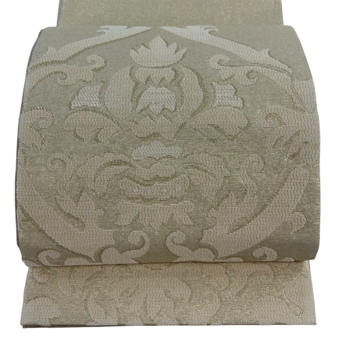 袋帶 逸品級 洛風林 附落款 花唐草紋 金絲 金金箔 奶油色 大鼓圖案 純蠶絲