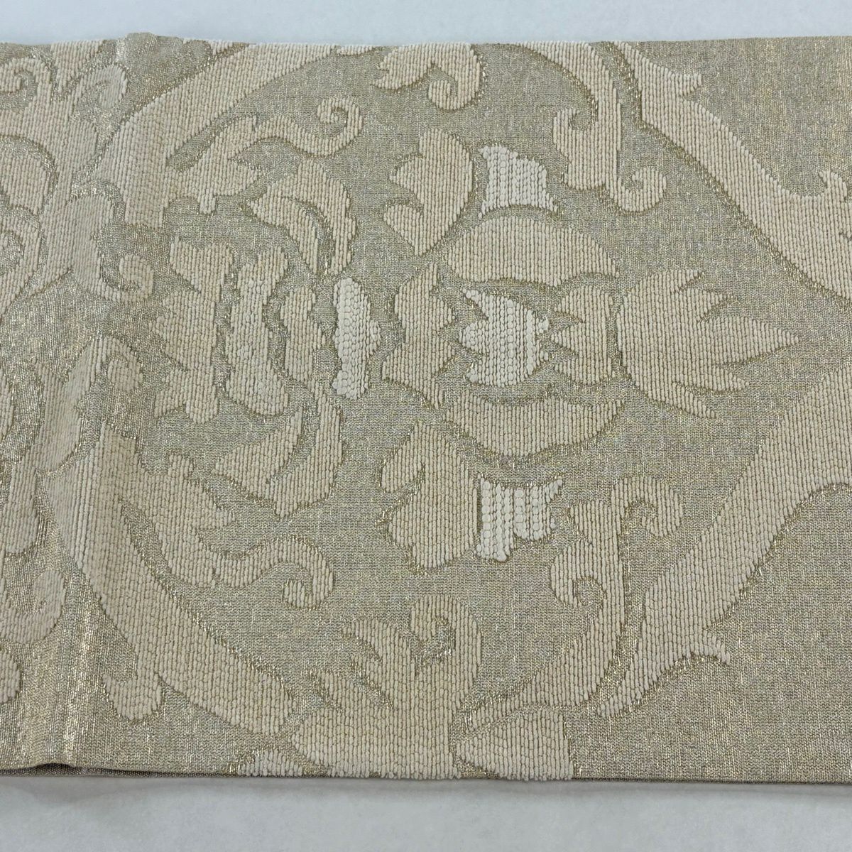 袋帶 逸品級 洛風林 附落款 花唐草紋 金絲 金金箔 奶油色 大鼓圖案 純蠶絲