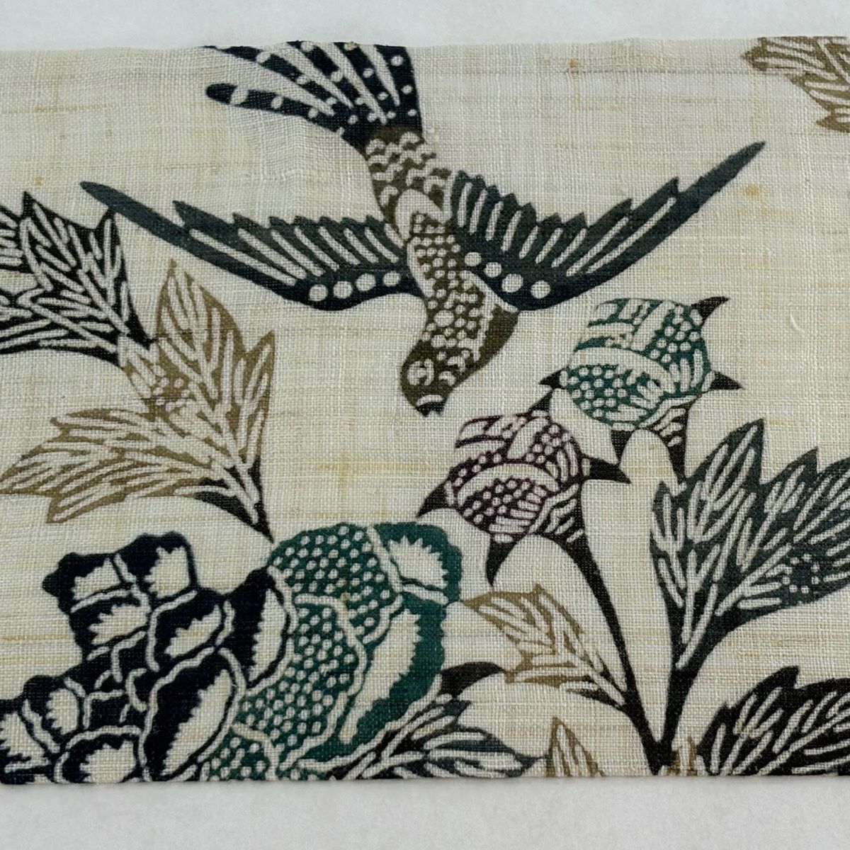 名古屋帶 逸品級 栗山吉三郎 落款 夏帶 本大麻帶 花鳥 蝶 豇豆色 麻