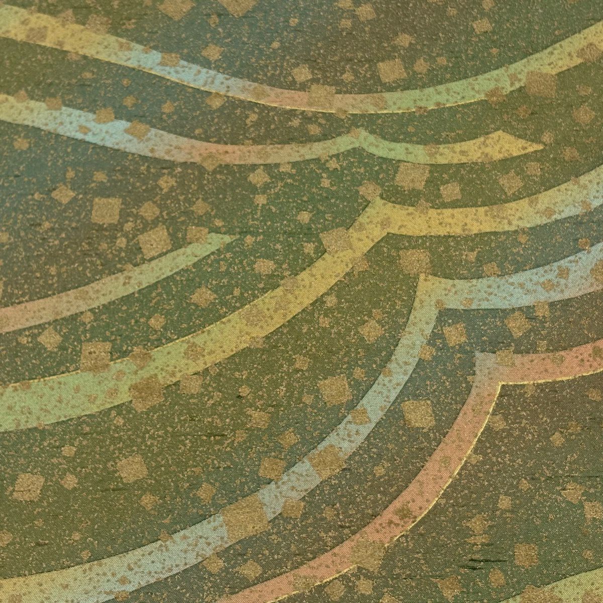 【美品】 袋帶 逸品級 落款 牛首紬織織 幾何學圖案 金彩裝飾 蓬色 全通 純蠶絲