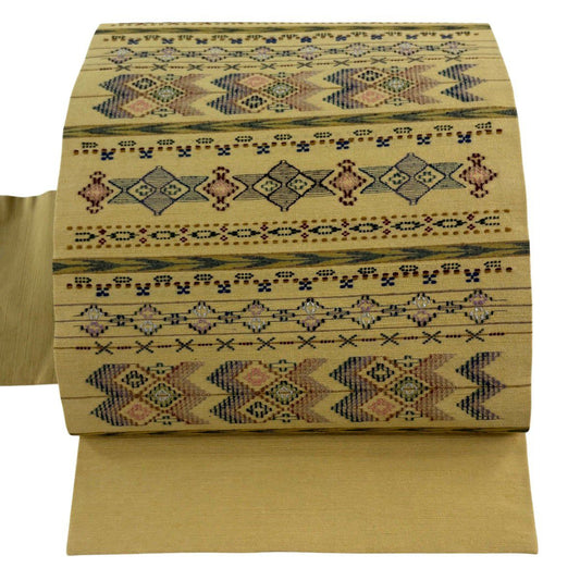 【美品】 名古屋帶 逸品級 紬織織 幾何學圖案 條紋 刺繡 黃色 純蠶絲