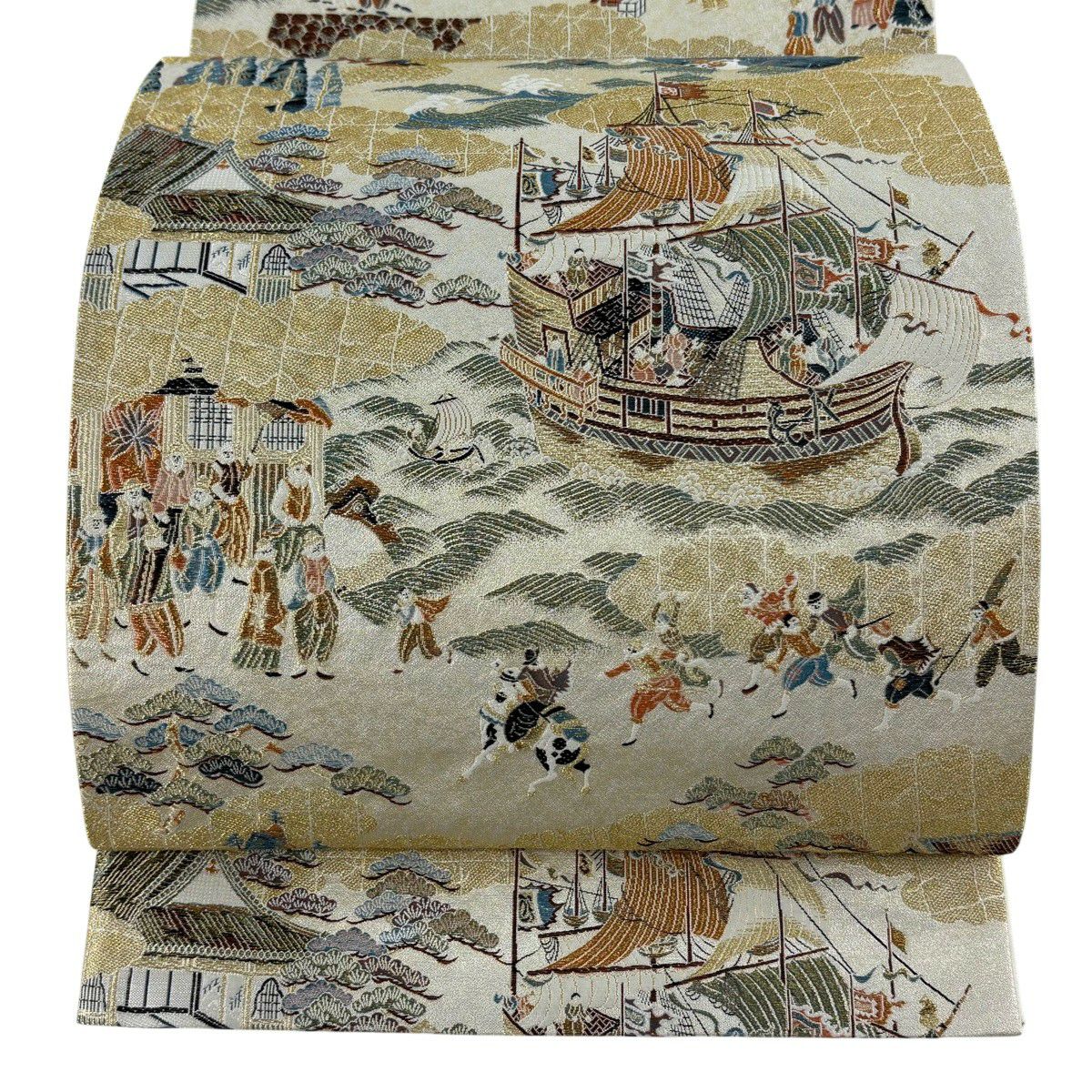 【美品】 袋帶 逸品級 南蠻屏風圖 金絲 壹阡八百口織 金色 六通 純蠶絲