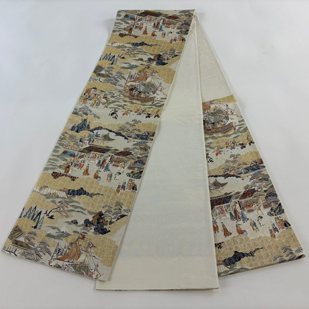 【美品】 袋帶 逸品級 南蠻屏風圖 金絲 壹阡八百口織 金色 六通 純蠶絲