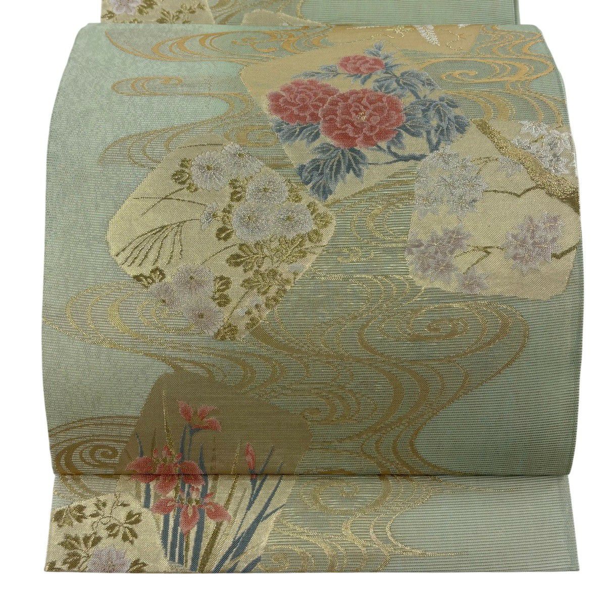 【美品】 袋帶 逸品級 證書齊全 色紙 草花紋 金銀彩 金金箔 淺綠 六通 純蠶絲