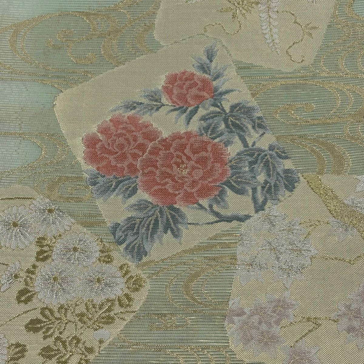 【美品】 袋帶 逸品級 證書齊全 色紙 草花紋 金銀彩 金金箔 淺綠 六通 純蠶絲