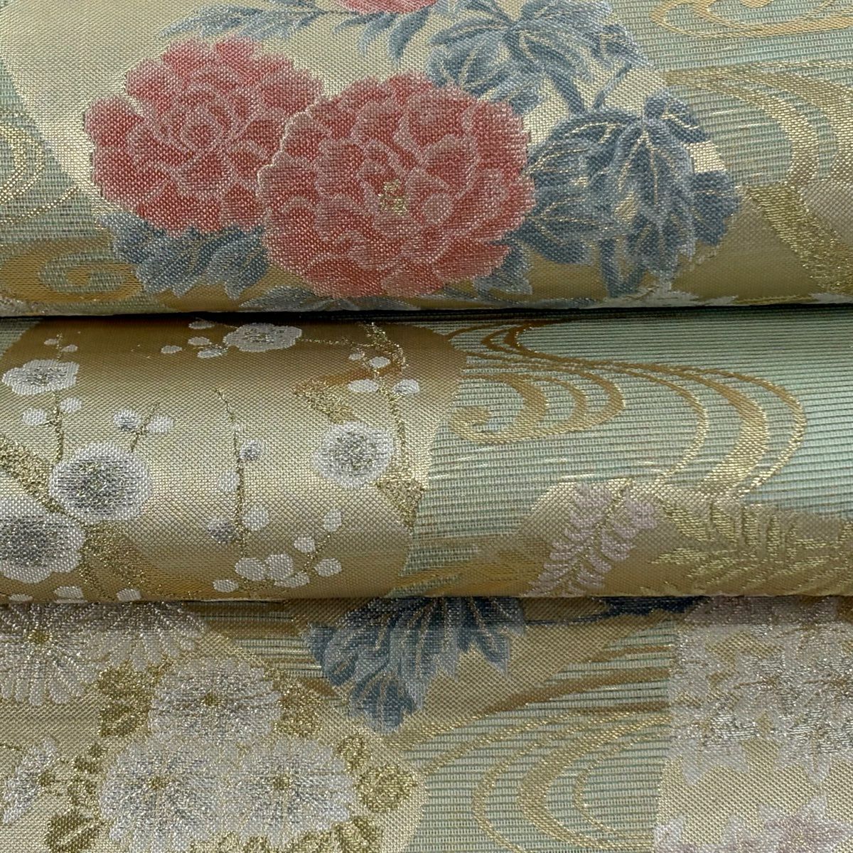 【美品】 袋帶 逸品級 證書齊全 色紙 草花紋 金銀彩 金金箔 淺綠 六通 純蠶絲