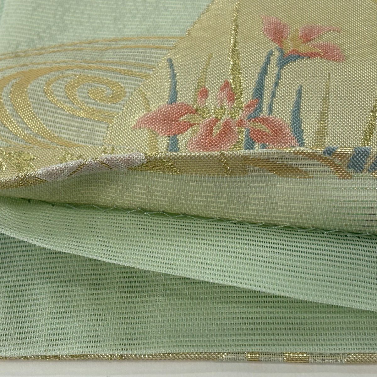 【美品】 袋帶 逸品級 證書齊全 色紙 草花紋 金銀彩 金金箔 淺綠 六通 純蠶絲