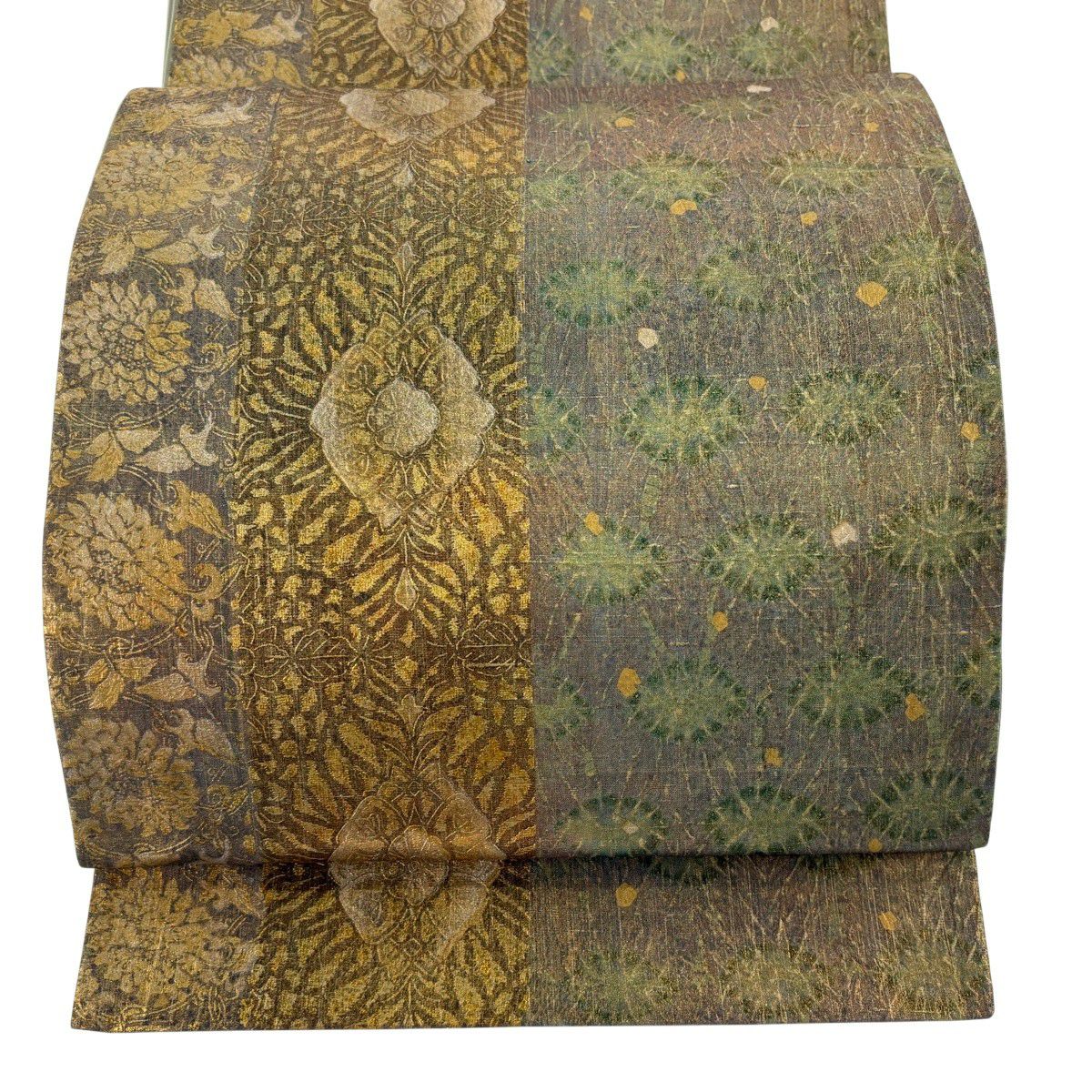 【美品】 袋帶 逸品級 落款 牛首紬織織 草花紋紋 幾何學圖案 金彩裝飾 灰紫 全通 純蠶絲