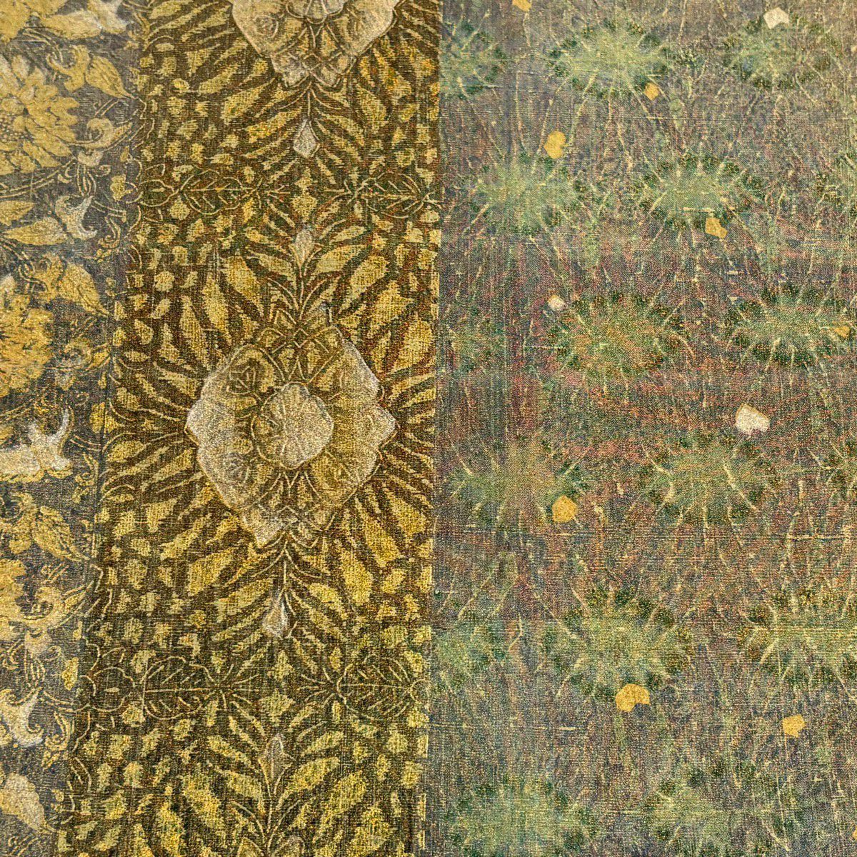 【美品】 袋帶 逸品級 落款 牛首紬織織 草花紋紋 幾何學圖案 金彩裝飾 灰紫 全通 純蠶絲
