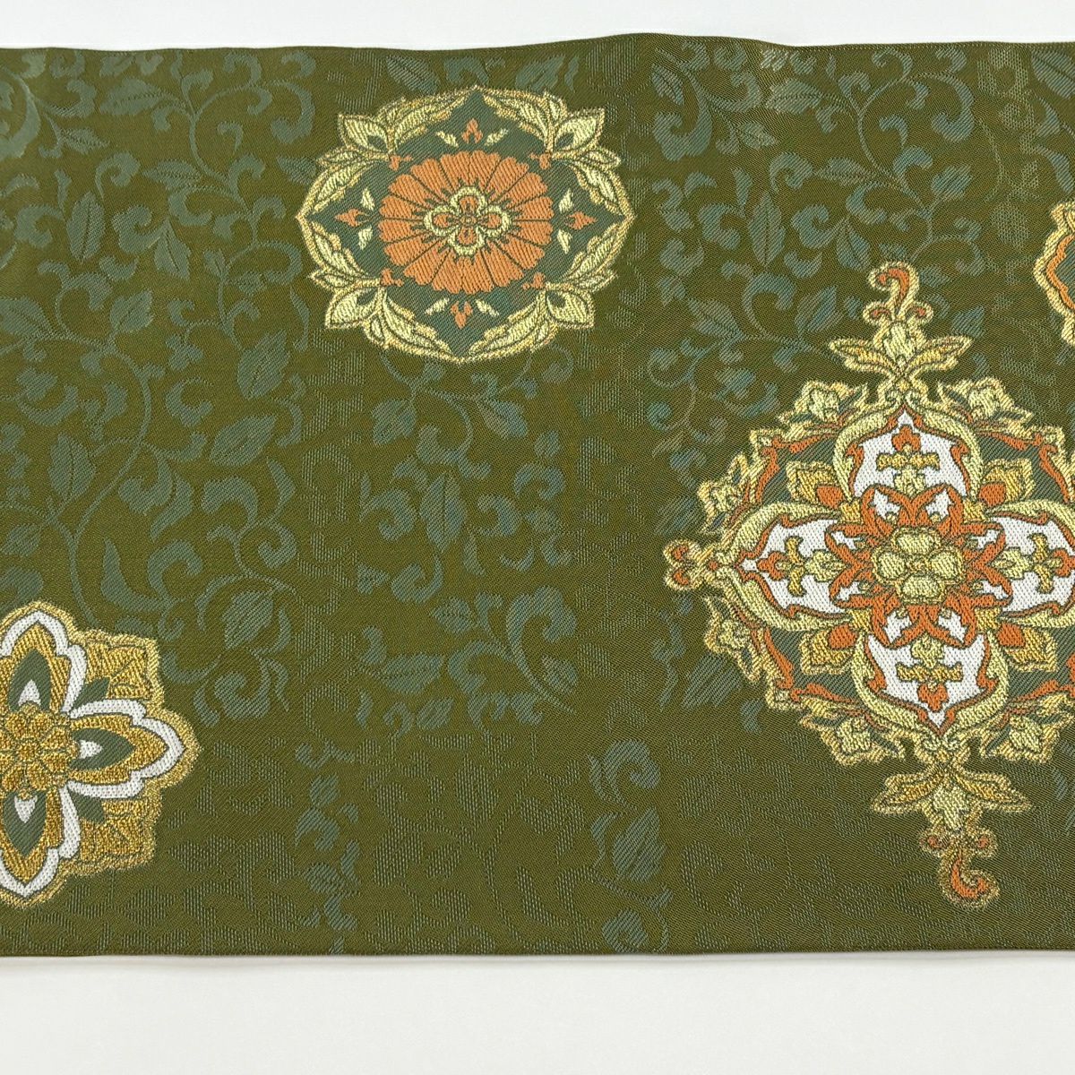 【美品】 袋帶 逸品級 川島織物 落款あり 華紋 花唐草紋 金絲 抹茶 六通 純蠶絲