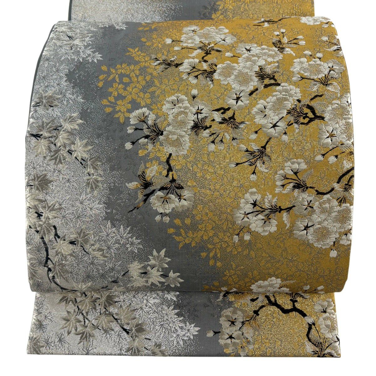【美品】 袋帶 逸品級 加納幸 落款 鈴乃屋 櫻 楓 金金箔 金絲 青灰 紋樣 純蠶絲