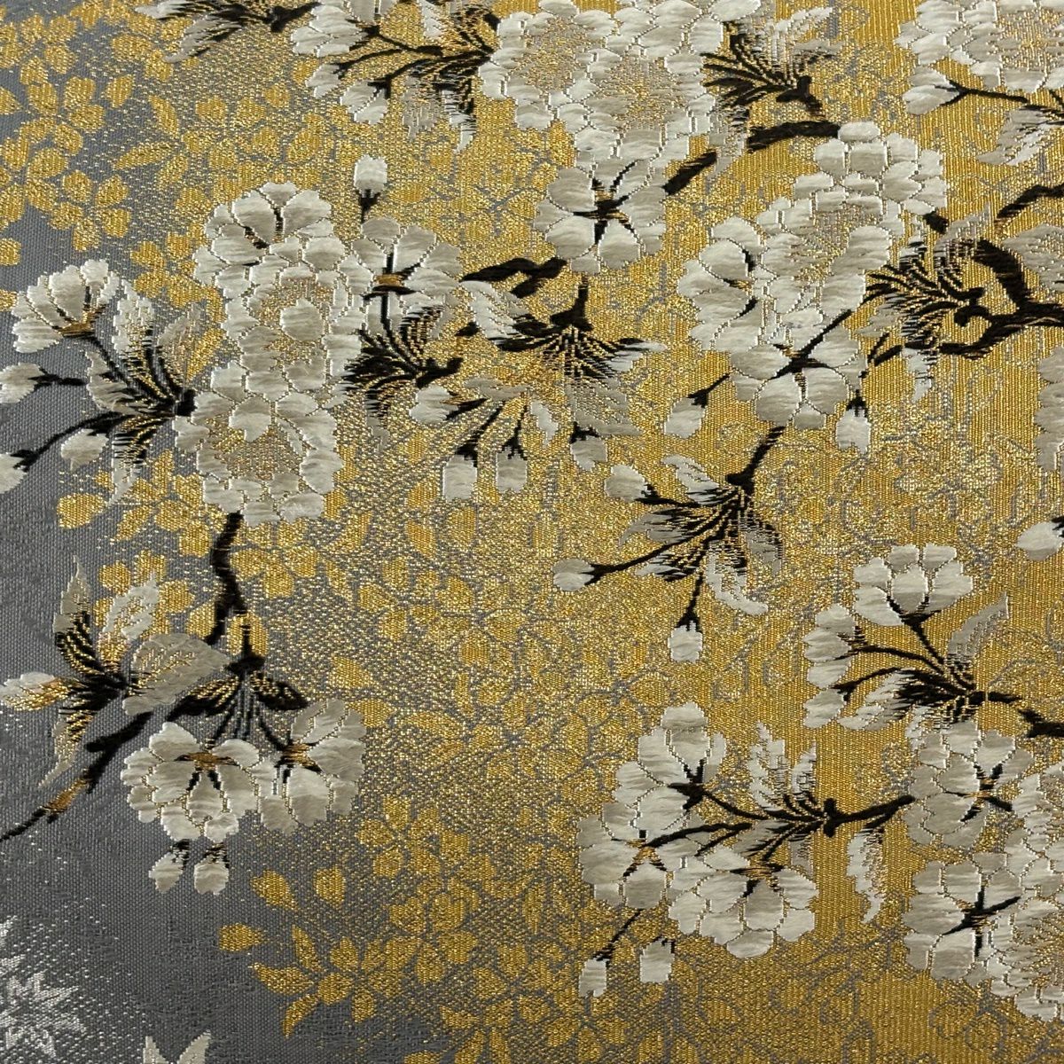 【美品】 袋帶 逸品級 加納幸 落款 鈴乃屋 櫻 楓 金金箔 金絲 青灰 紋樣 純蠶絲