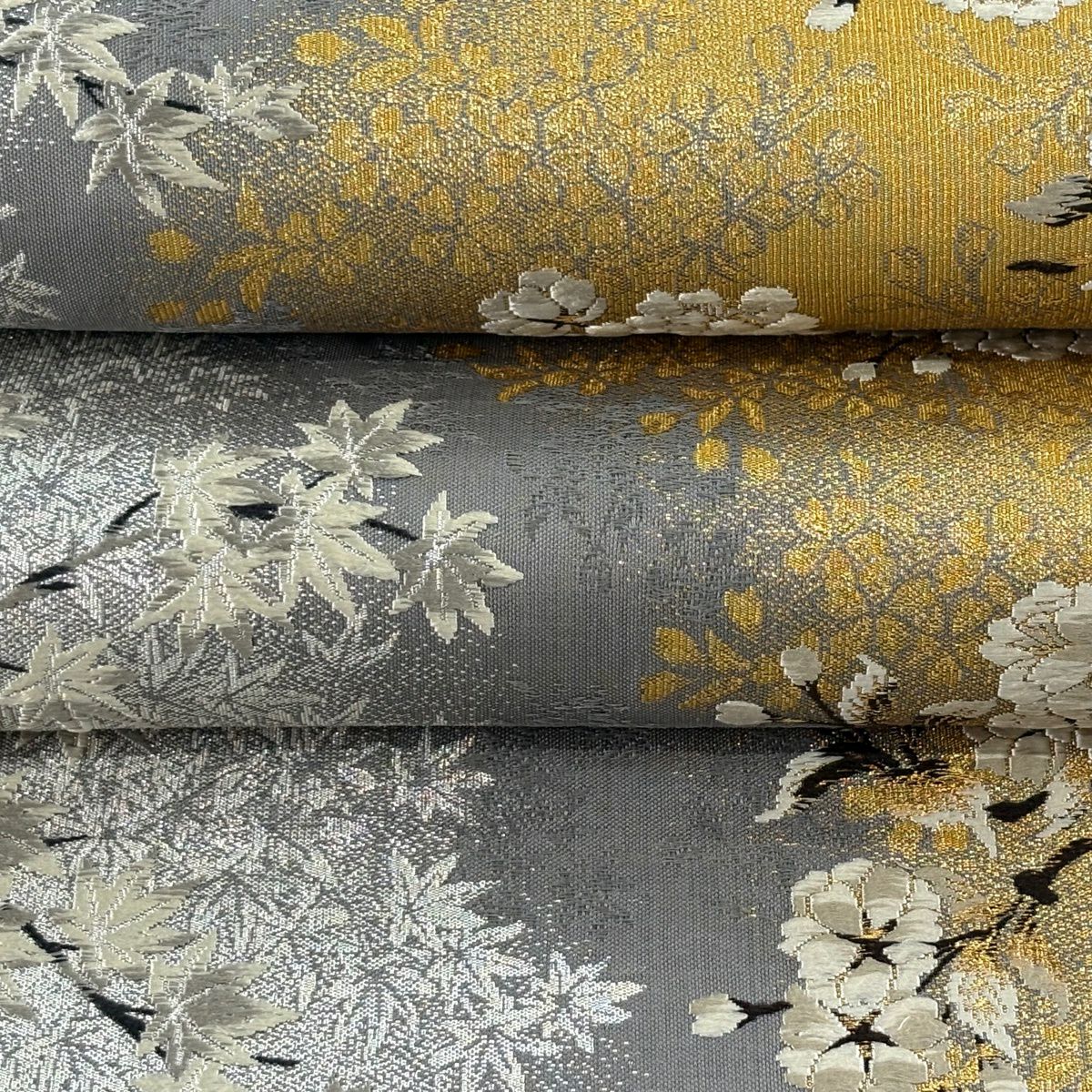 【美品】 袋帶 逸品級 加納幸 落款 鈴乃屋 櫻 楓 金金箔 金絲 青灰 紋樣 純蠶絲