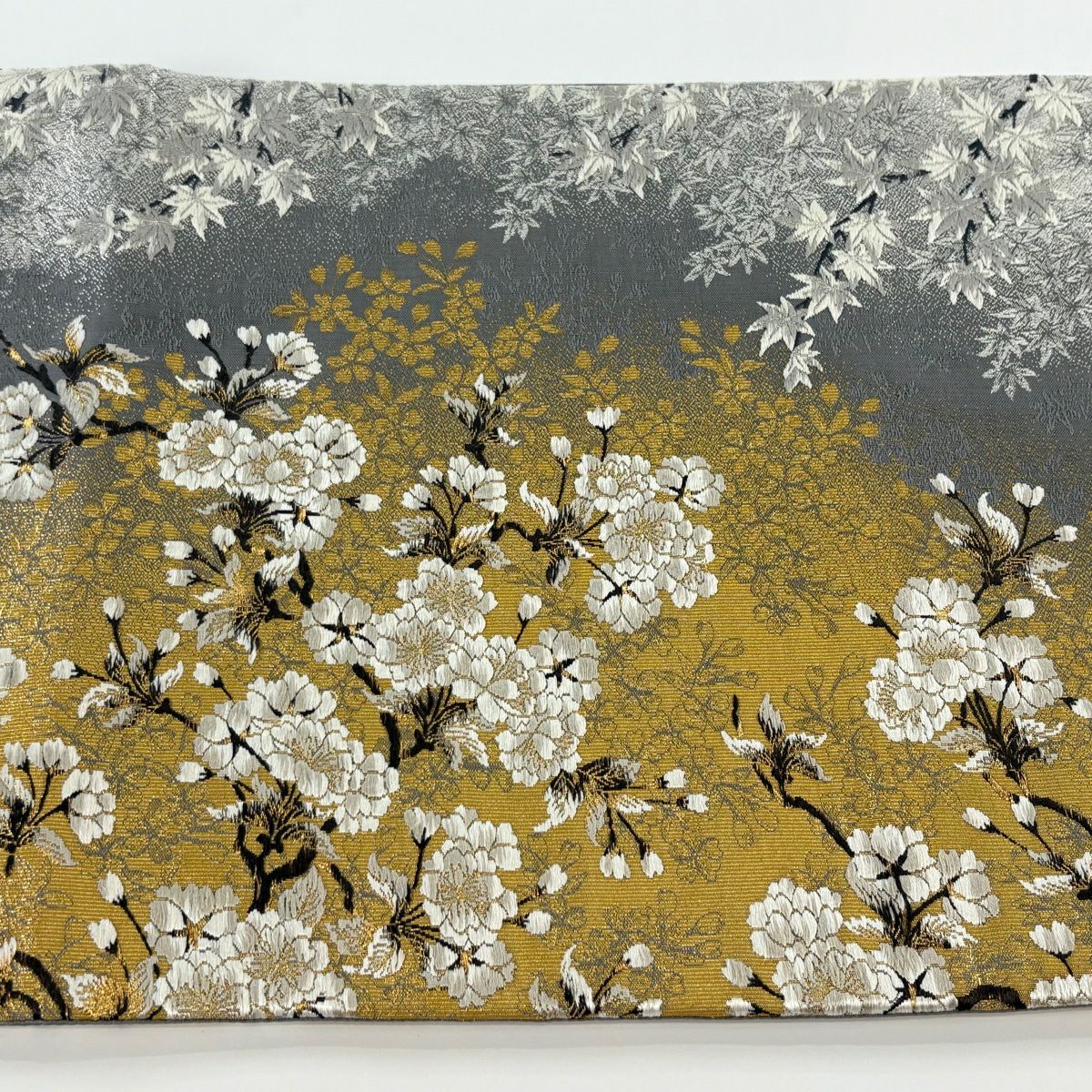 【美品】 袋帶 逸品級 加納幸 落款 鈴乃屋 櫻 楓 金金箔 金絲 青灰 紋樣 純蠶絲