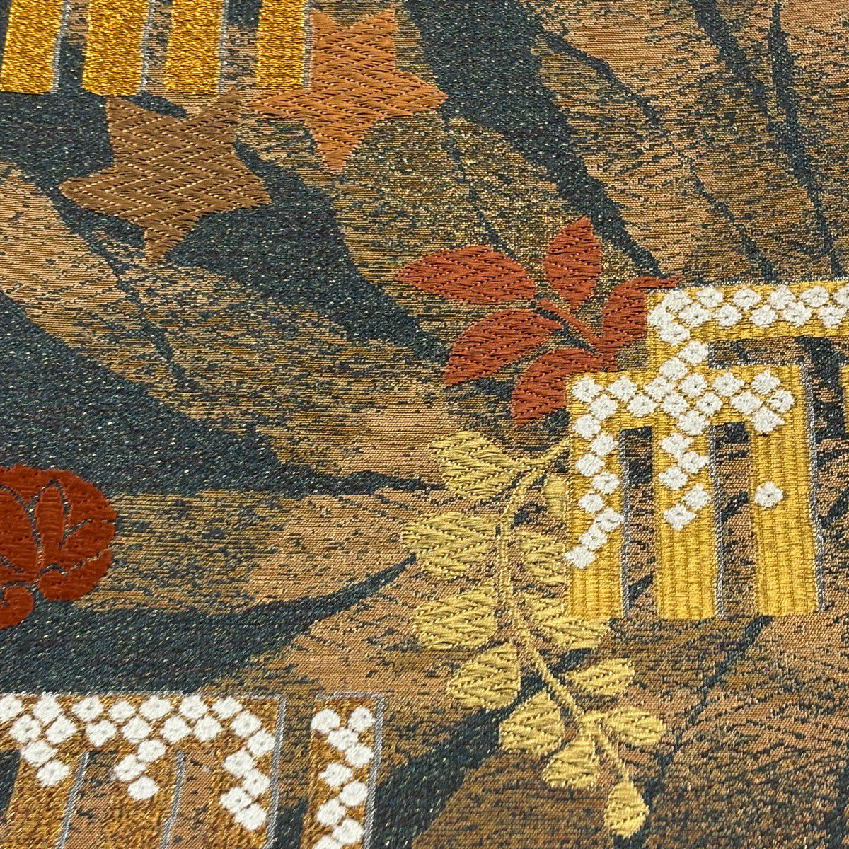 【美品】 袋帶 逸品級 誉田屋源兵衛 雪月花香圖 唐織 金金箔 深綠 六通 純蠶絲