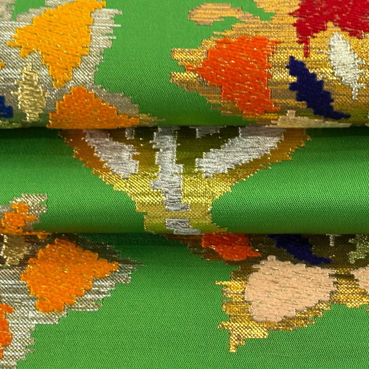 袋帶 逸品級 龍村平蔵 落款あり 關西仕立 雜織房文 金金箔 刺繡 綠色 お太鼓圖案 純蠶絲