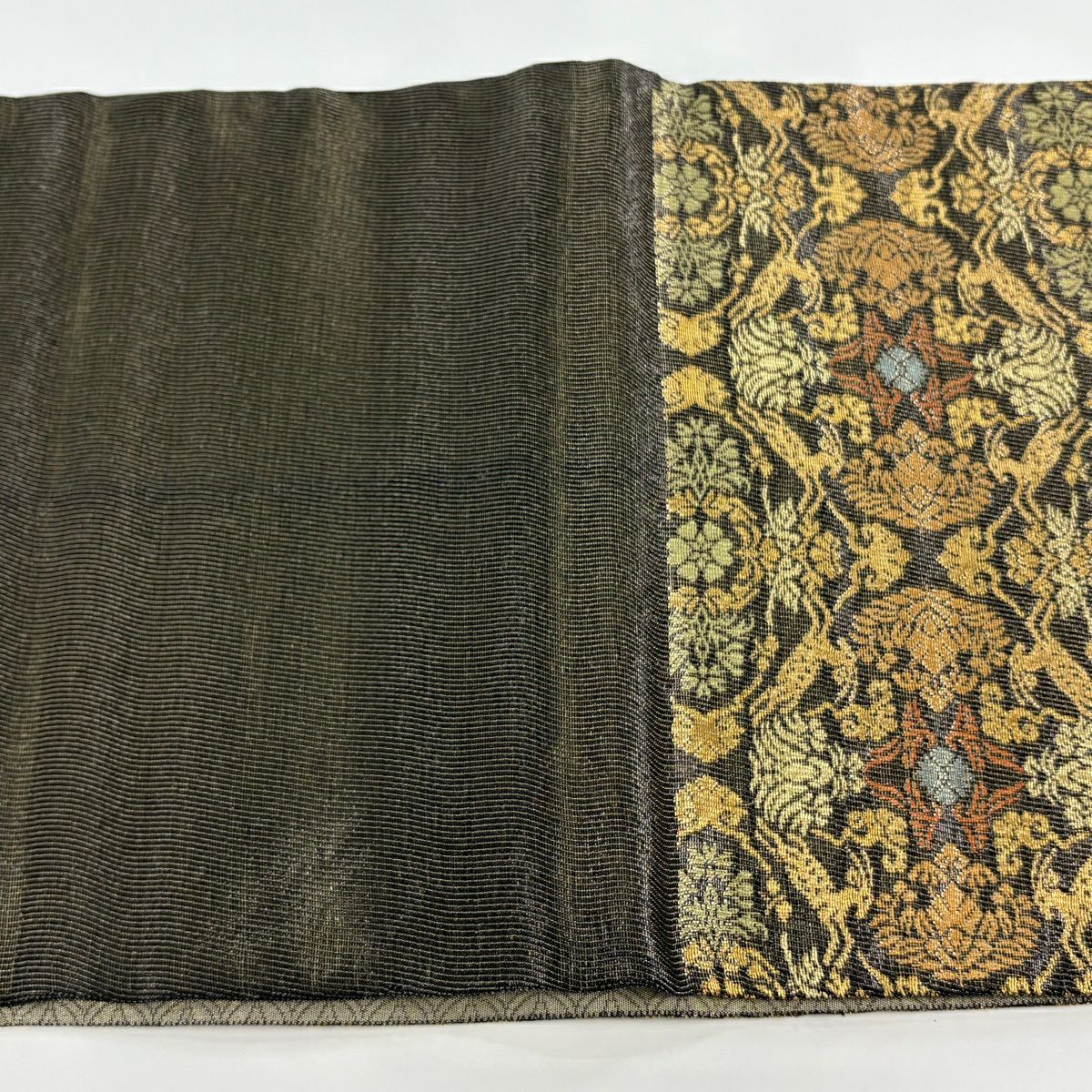【美品】 袋帶 逸品級 紋屋井關 落款あり 御寮織 動物 花 金絲 金金箔 墨 六通 純蠶絲