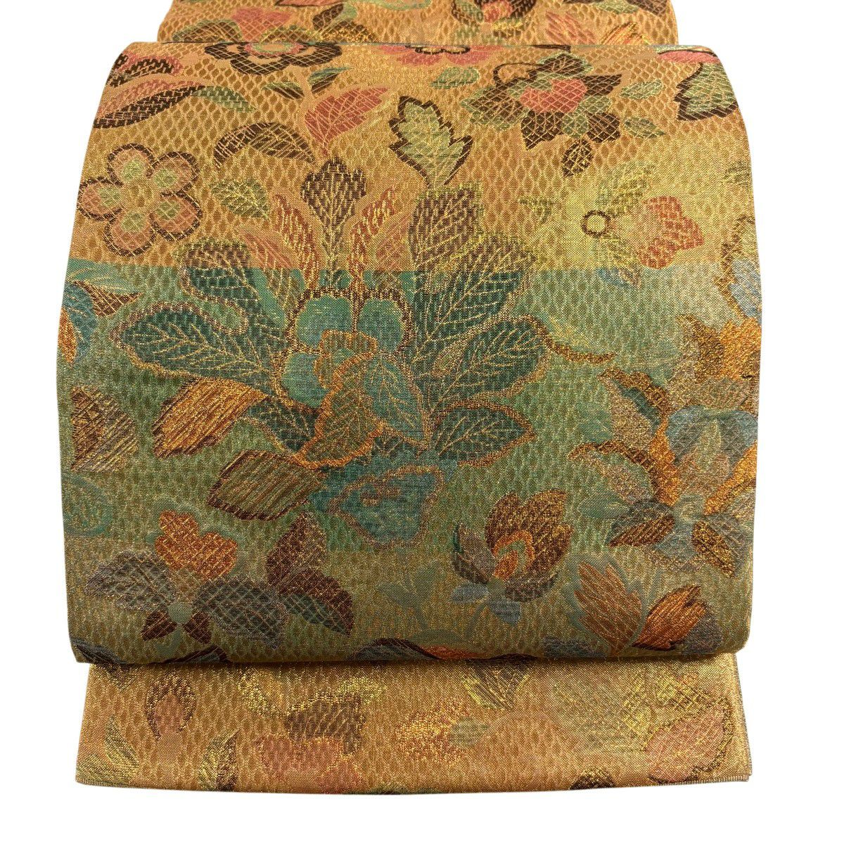 【美品】 袋帶 秀品級 落款 草花紋 金糸 金金箔 橙色 六通 純蠶絲