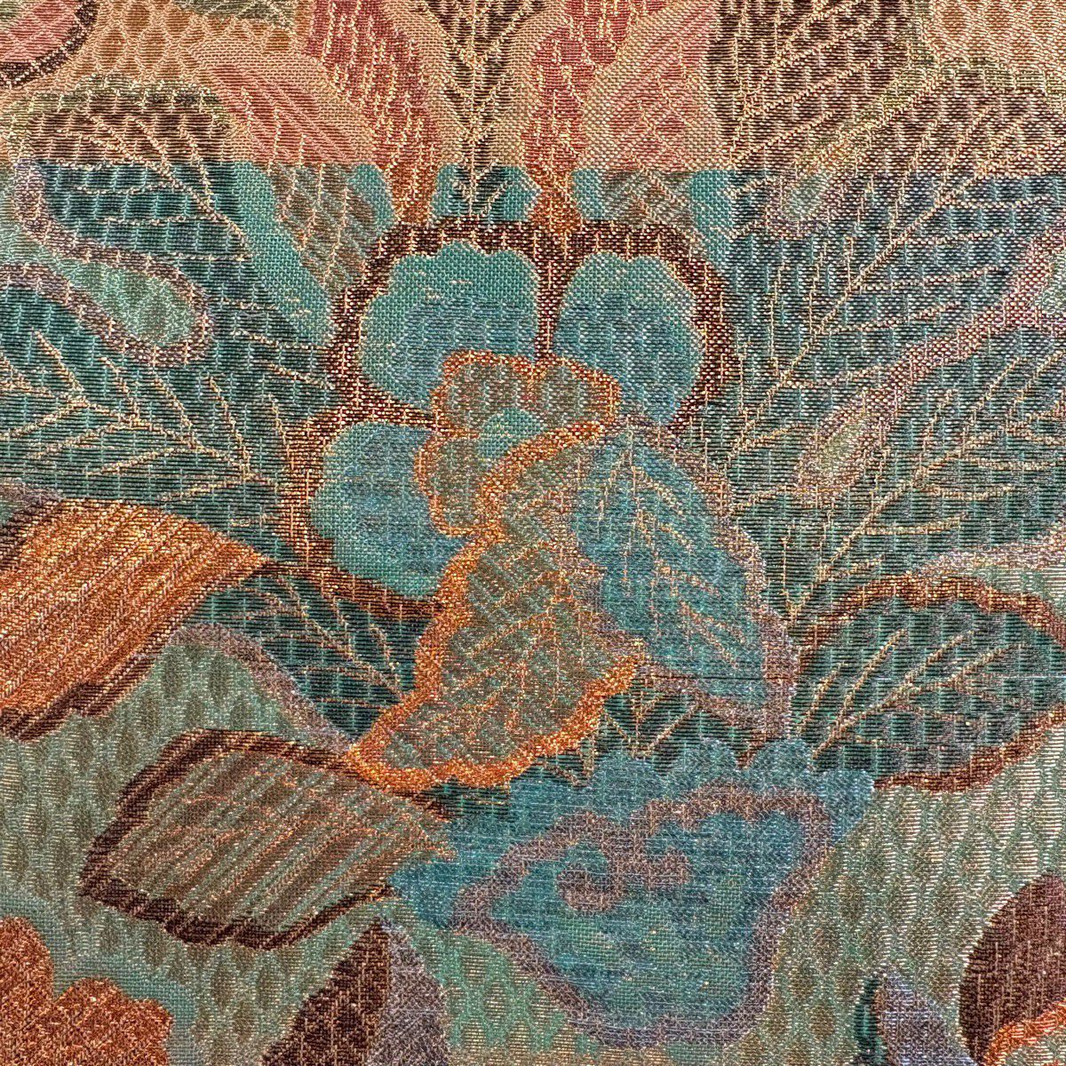 【美品】 袋帶 秀品級 落款 草花紋 金糸 金金箔 橙色 六通 純蠶絲