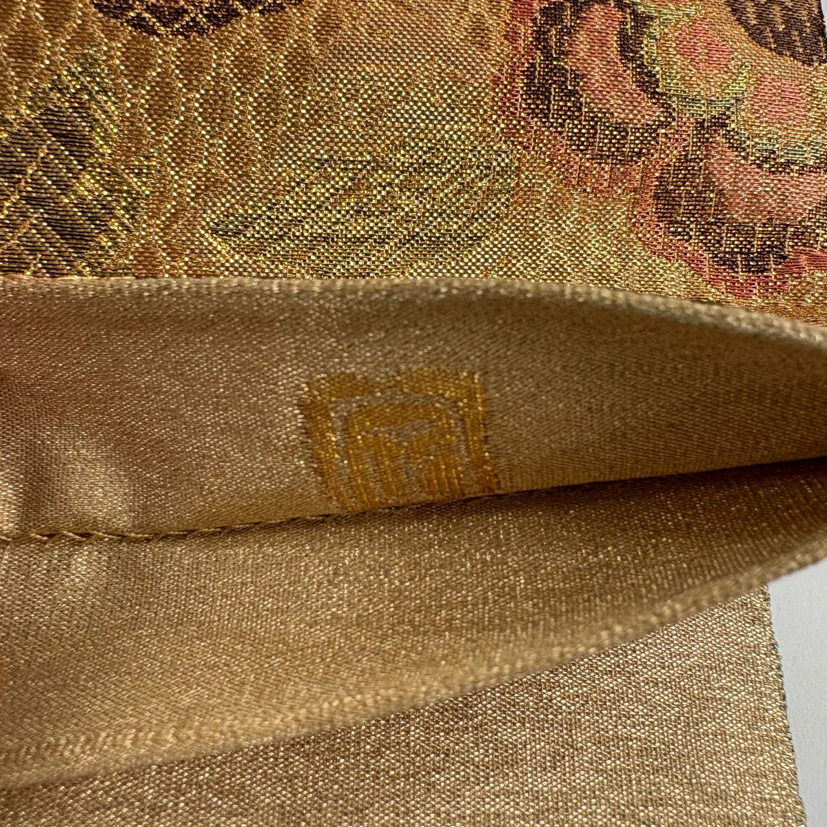 【美品】 袋帶 秀品級 落款 草花紋 金糸 金金箔 橙色 六通 純蠶絲