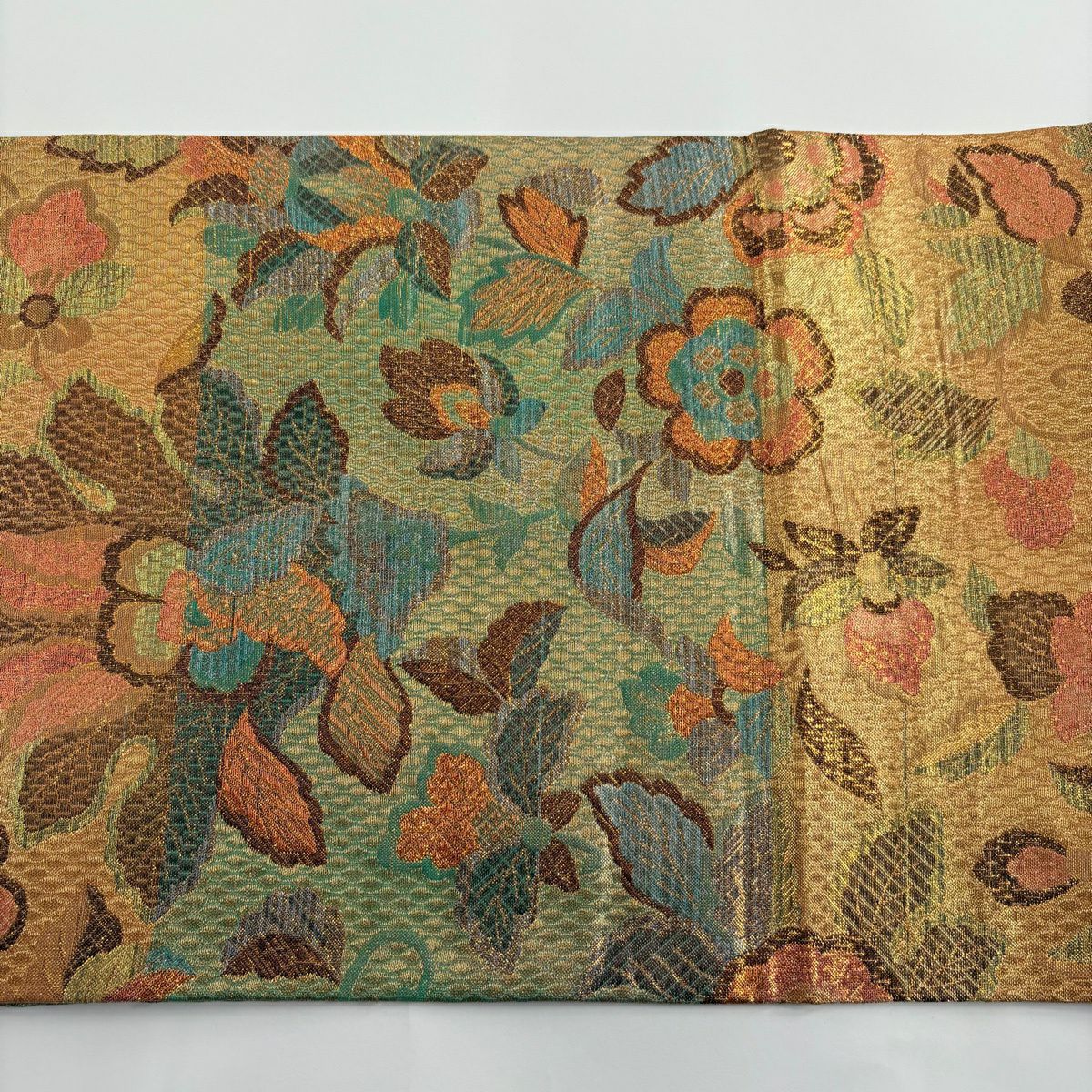 【美品】 袋帶 秀品級 落款 草花紋 金糸 金金箔 橙色 六通 純蠶絲