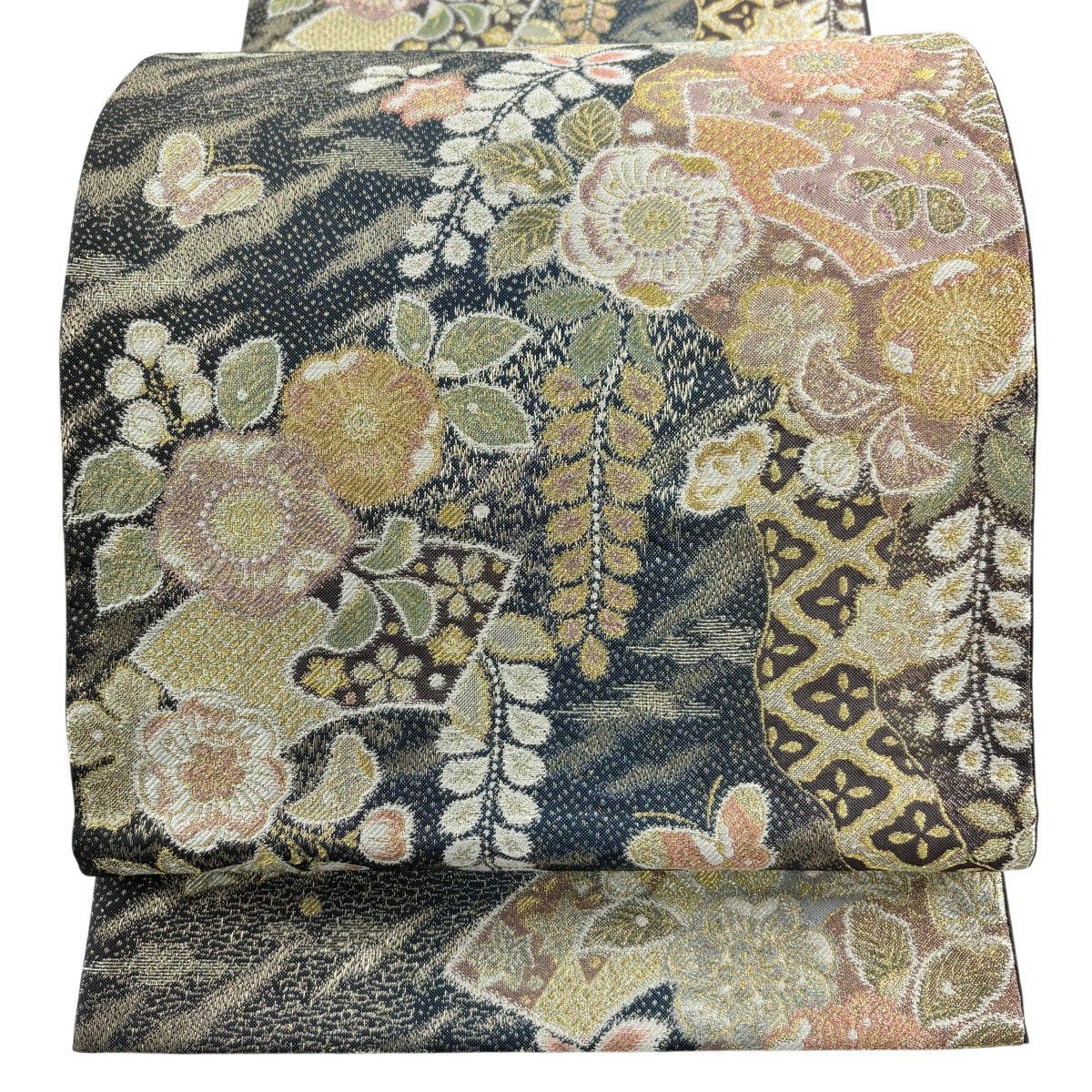 【美品】 袋帶 秀品級 扇子面 辻花染圖案 金銀彩 深藍 六通 純蠶絲
