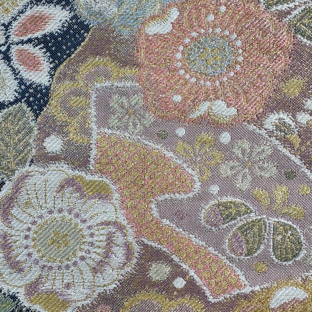 【美品】 袋帶 秀品級 扇子面 辻花染圖案 金銀彩 深藍 六通 純蠶絲