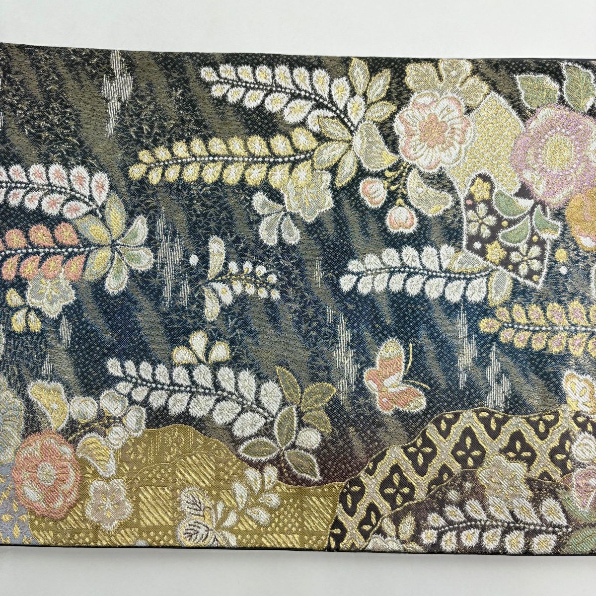 【美品】 袋帶 秀品級 扇子面 辻花染圖案 金銀彩 深藍 六通 純蠶絲