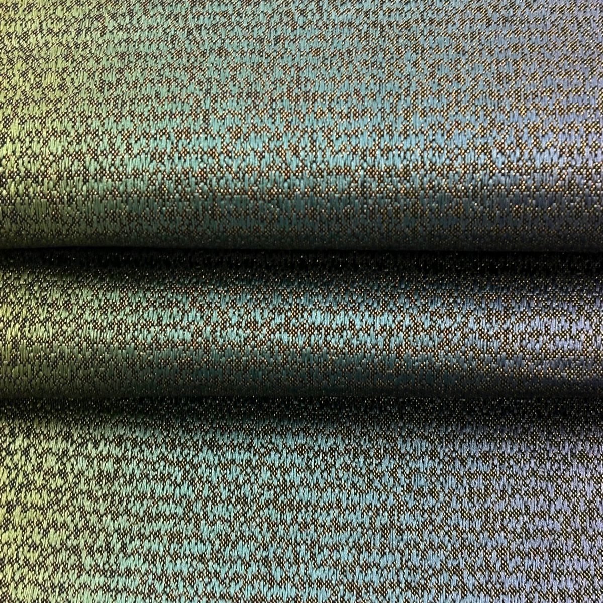 【美品】 袋帶 秀品級 本泥草木染袋帶 縞 金絲 綠 六通 純蠶絲