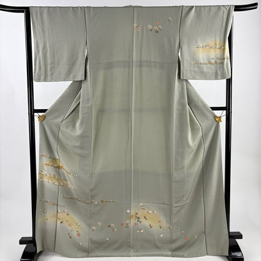 付下 身長168.5cm 袖長65.5cm M 雙層 草花紋紋 霞 金絲 金銀彩 灰綠 純蠶絲 優品級