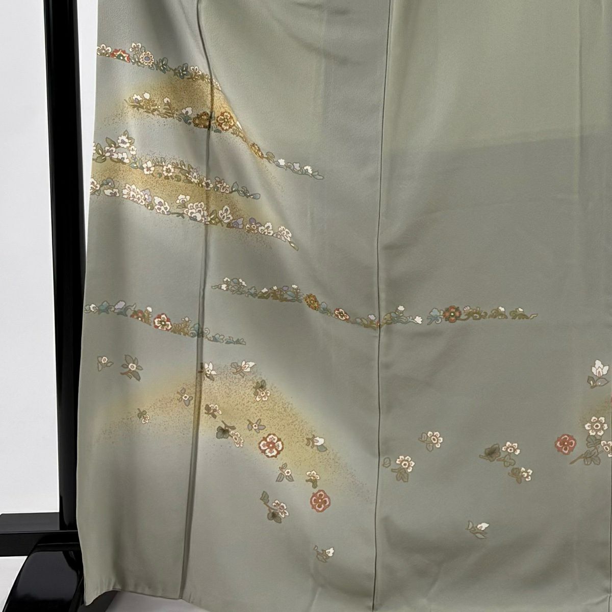 付下 身長168.5cm 袖長65.5cm M 雙層 草花紋紋 霞 金絲 金銀彩 灰綠 純蠶絲 優品級