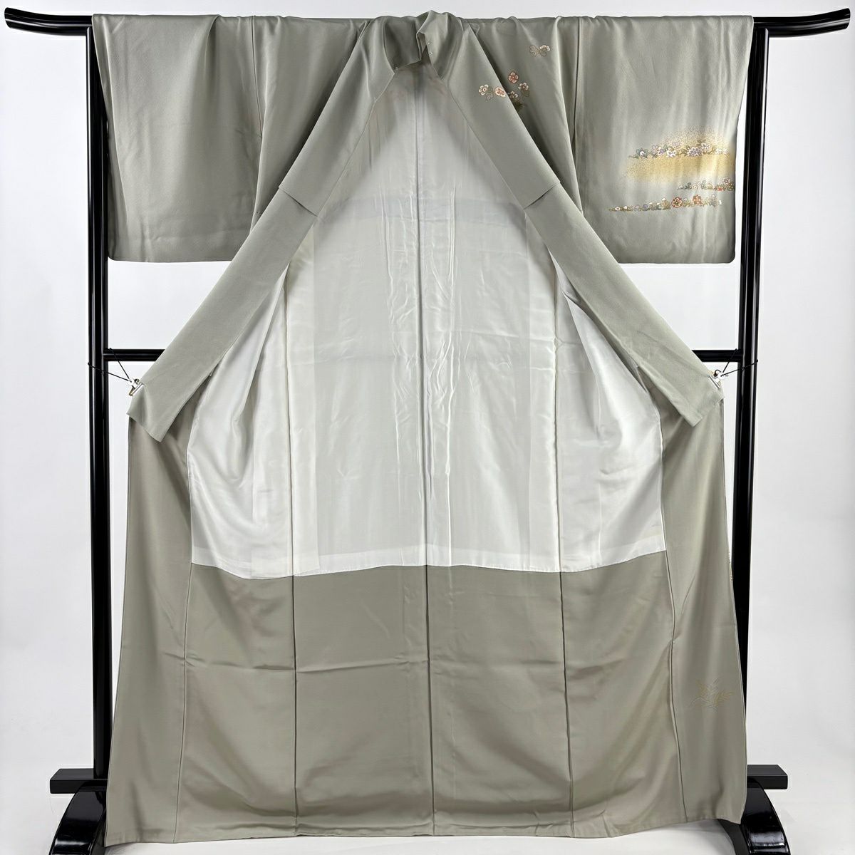 付下 身長168.5cm 袖長65.5cm M 雙層 草花紋紋 霞 金絲 金銀彩 灰綠 純蠶絲 優品級