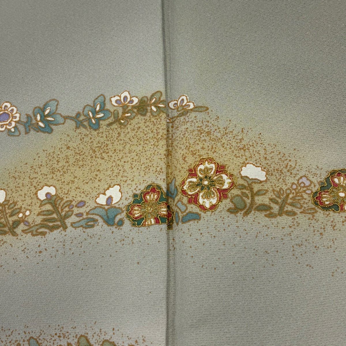 付下 身長168.5cm 袖長65.5cm M 雙層 草花紋紋 霞 金絲 金銀彩 灰綠 純蠶絲 優品級