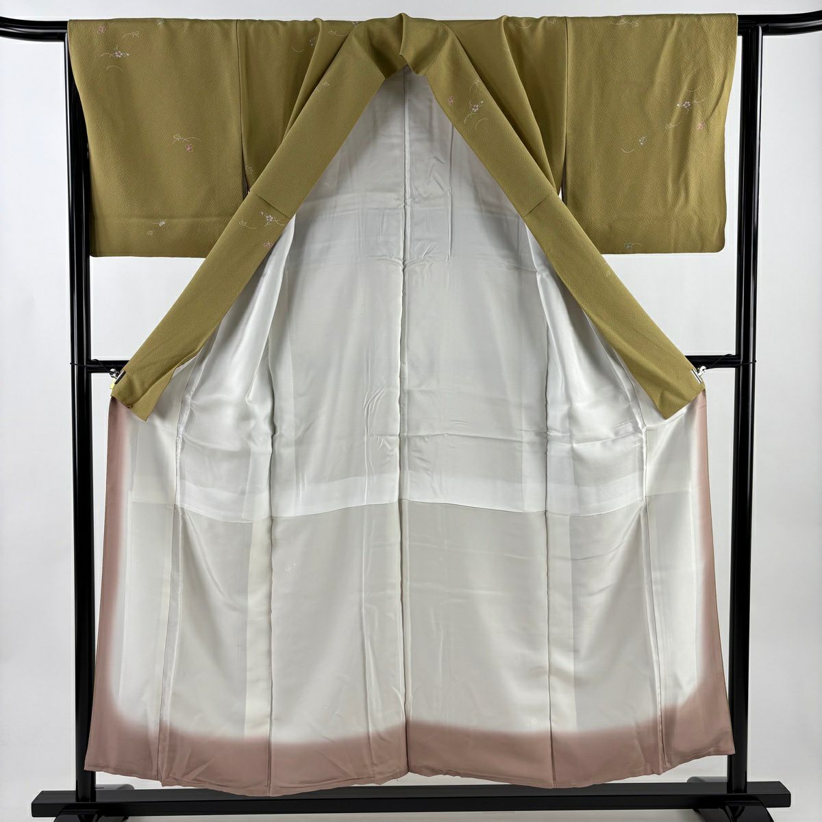 小紋 身長152cm 袖長64cm M 雙層 草花紋 露芝 鶯 純蠶絲 秀品級