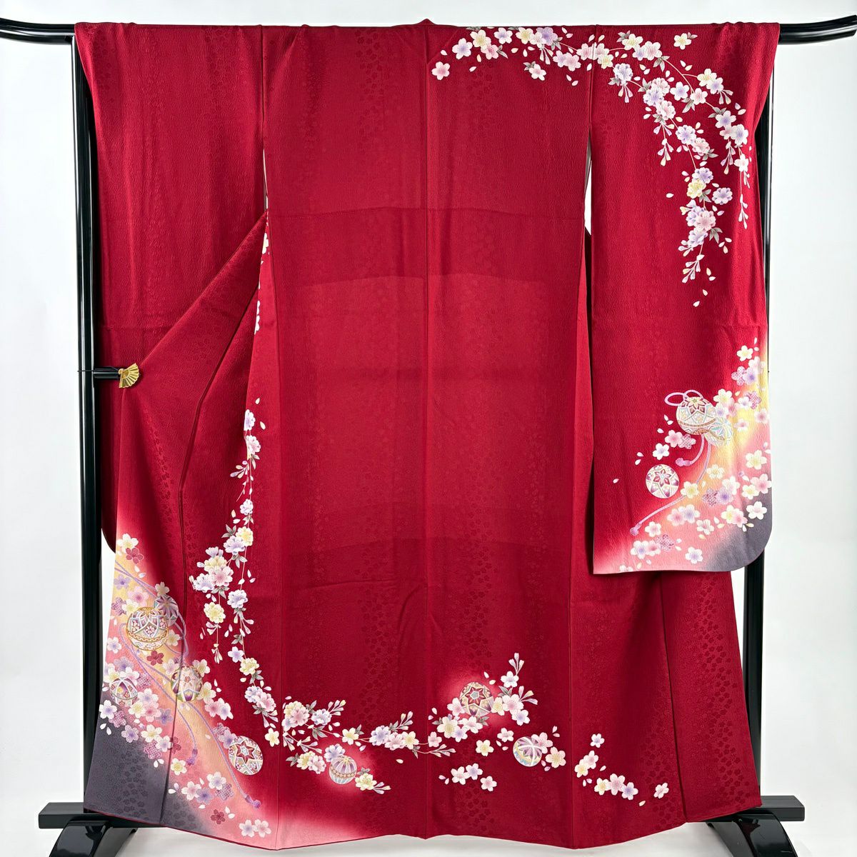 【美品】振袖禮服 身長161cm 袖長68cm L 雙層 垂枝櫻 手毬 金絲 金銀彩 紅 純蠶絲 秀品級
