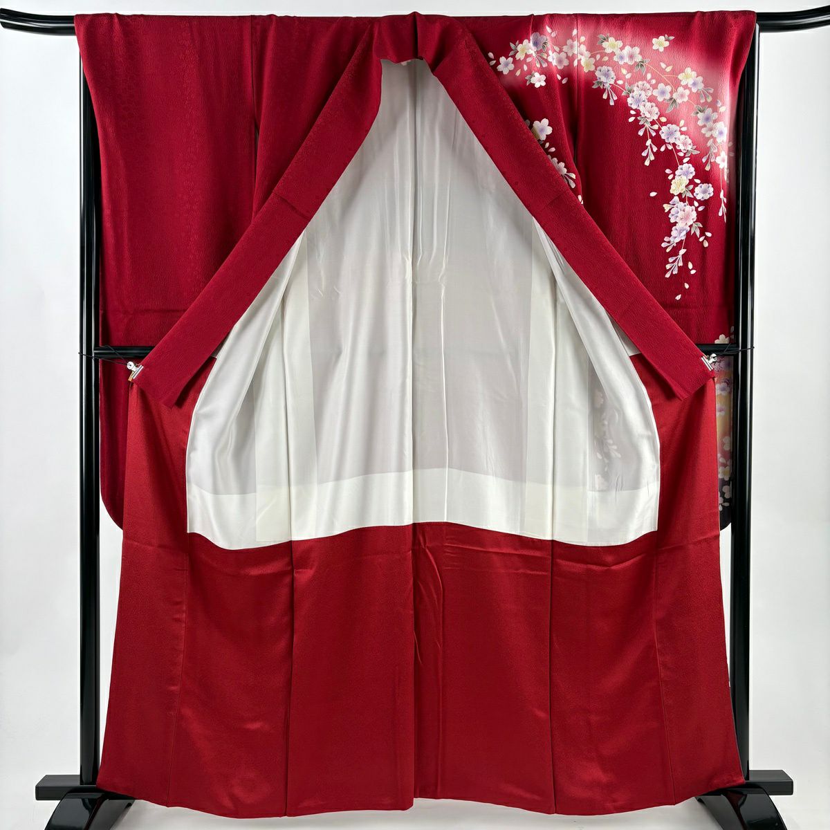 【美品】振袖禮服 身長161cm 袖長68cm L 雙層 垂枝櫻 手毬 金絲 金銀彩 紅 純蠶絲 秀品級