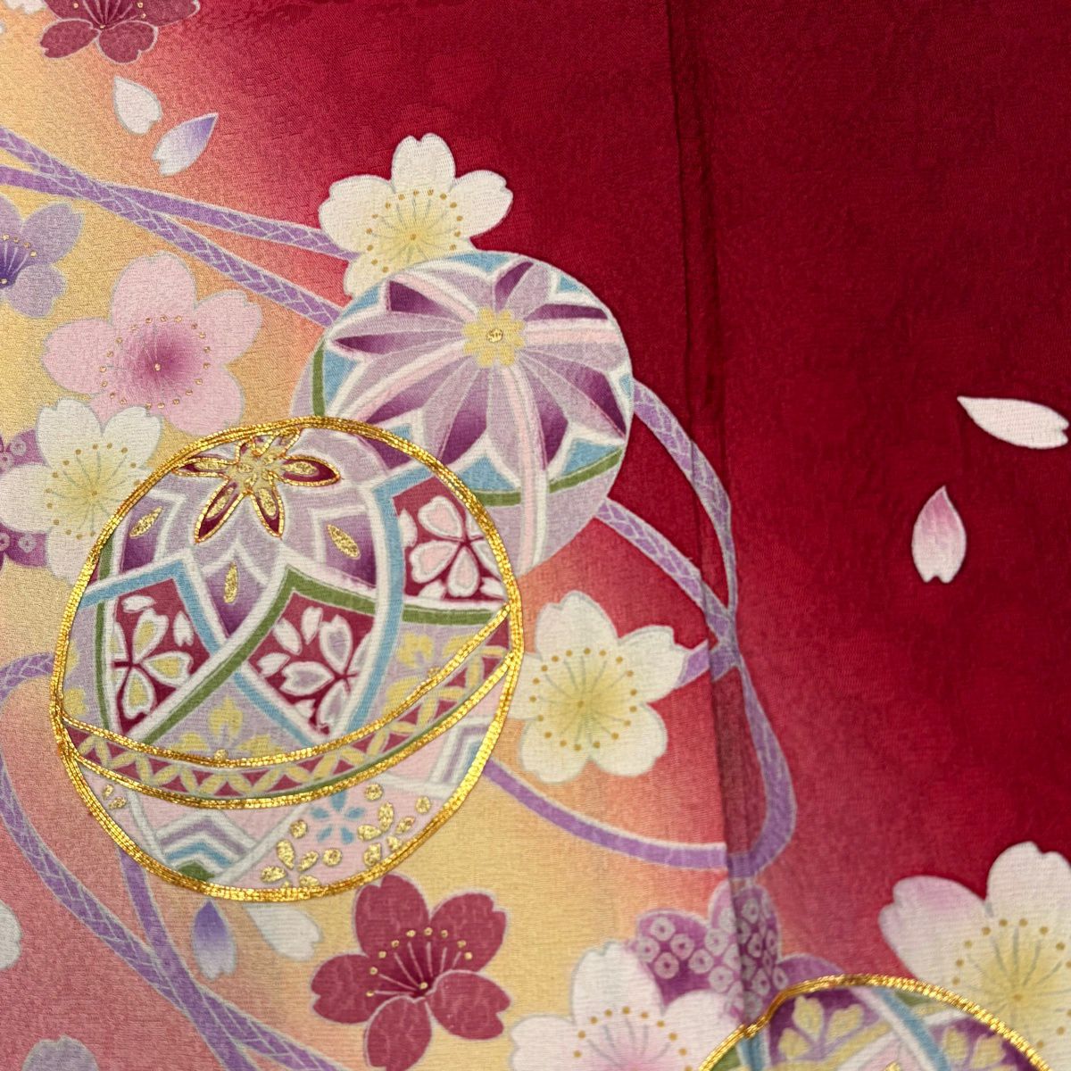 【美品】振袖禮服 身長161cm 袖長68cm L 雙層 垂枝櫻 手毬 金絲 金銀彩 紅 純蠶絲 秀品級