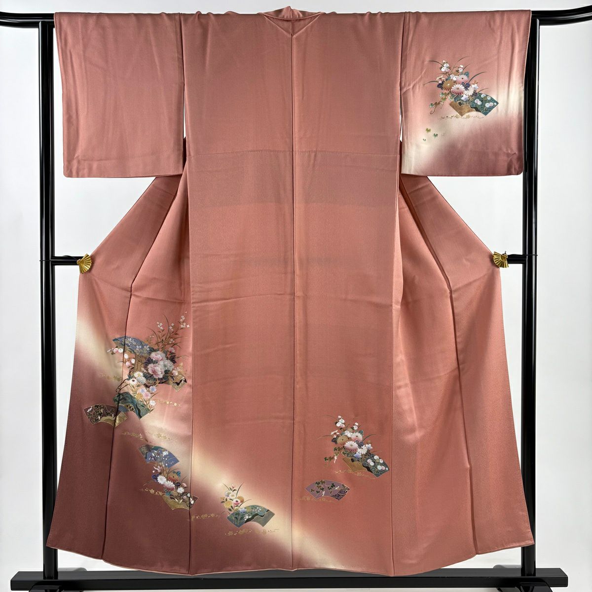 【美品】 付下 身長153cm 袖長64.5cm M 雙層 御所車 扇子面 金銀彩 漸層 粉米色 純蠶絲 優品級
