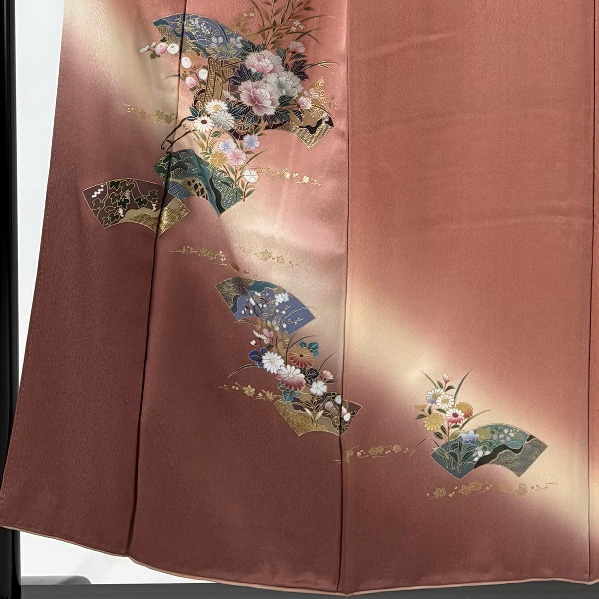 【美品】 付下 身長153cm 袖長64.5cm M 雙層 御所車 扇子面 金銀彩 漸層 粉米色 純蠶絲 優品級