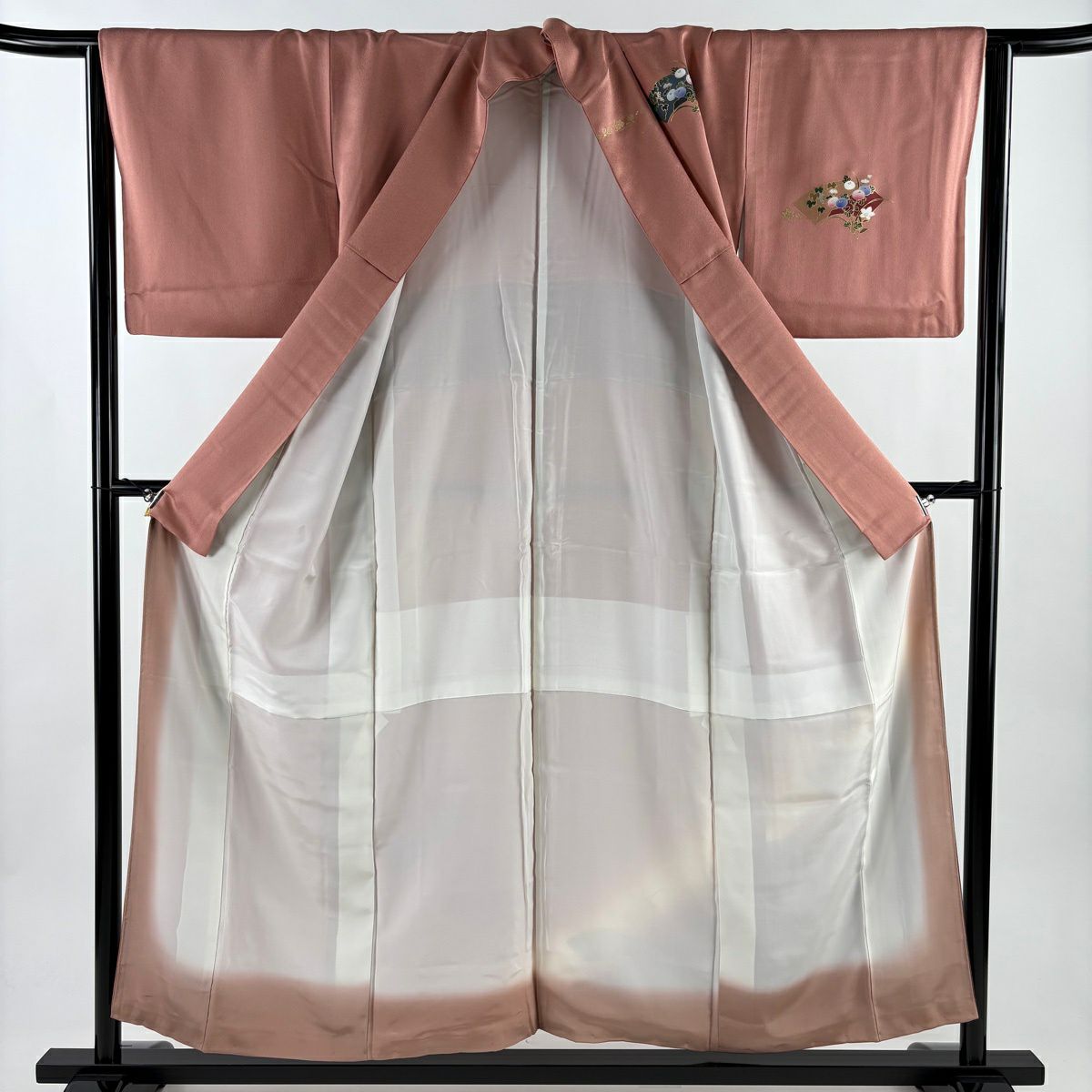 【美品】 付下 身長153cm 袖長64.5cm M 雙層 御所車 扇子面 金銀彩 漸層 粉米色 純蠶絲 優品級