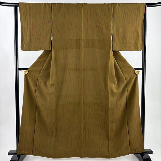 【美品】 小紋 身長163cm 袖長63.5cm S 雙層 幾何學圖案 茶綠 純蠶絲 秀品級