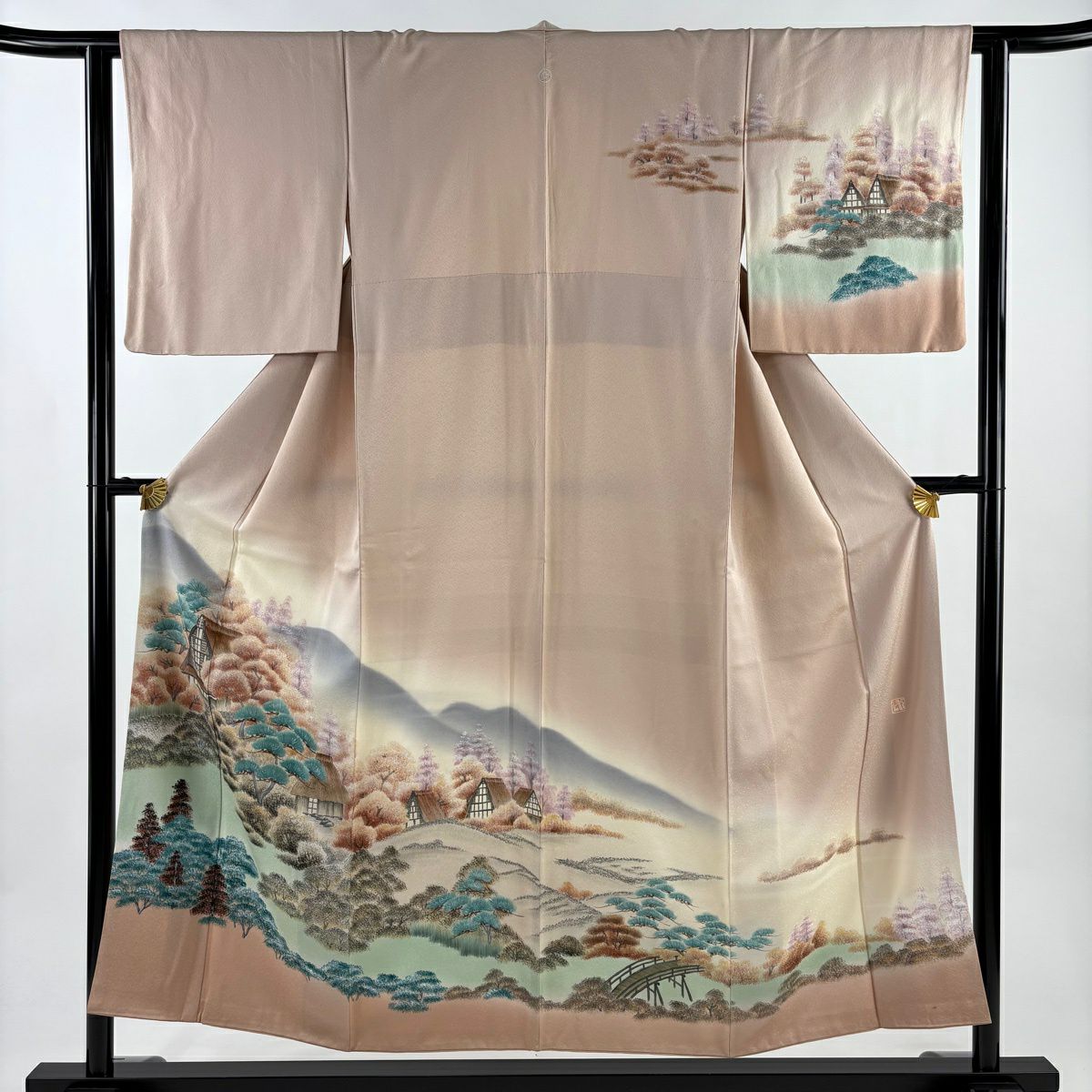 訪問服 身長152.5cm 袖長62cm S 雙層 落款あり 建物 松樹 ぼかし 薄紅 純蠶絲 秀品級 一つ紋