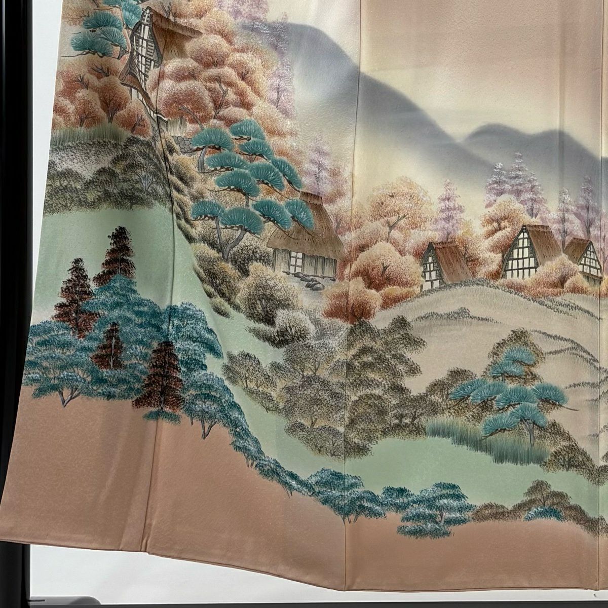 訪問服 身長152.5cm 袖長62cm S 雙層 落款あり 建物 松樹 ぼかし 薄紅 純蠶絲 秀品級 一つ紋