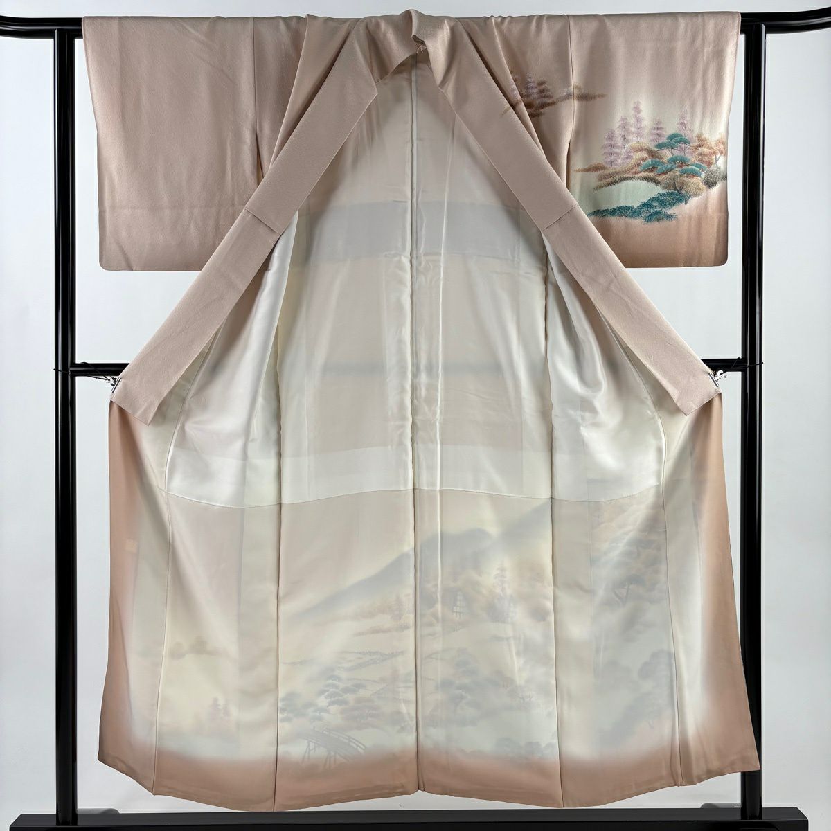 訪問服 身長152.5cm 袖長62cm S 雙層 落款あり 建物 松樹 ぼかし 薄紅 純蠶絲 秀品級 一つ紋