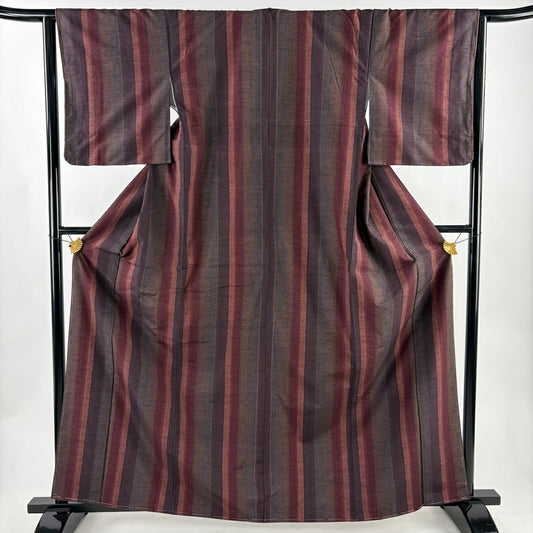 【美品】 紬織 身長164.5cm 袖長64cm M 雙層 縦縞 紅紫 純蠶絲 秀品級