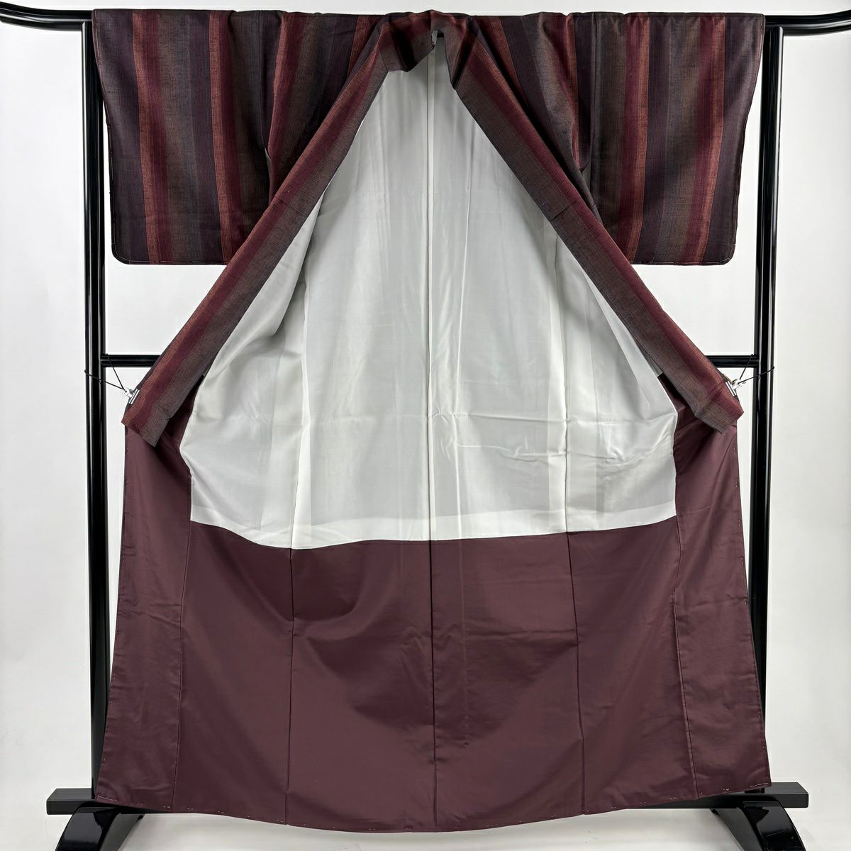 【美品】 紬織 身長164.5cm 袖長64cm M 雙層 縦縞 紅紫 純蠶絲 秀品級