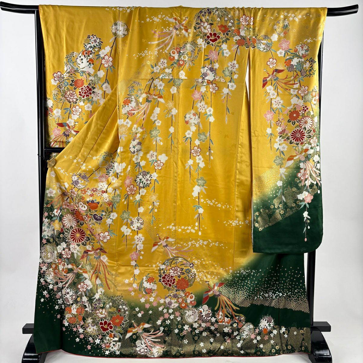 振袖禮服 身長171.5cm 袖長71cm L 雙層 花丸紋 鳥 金絲 金銀彩 山吹 純蠶絲 秀品級