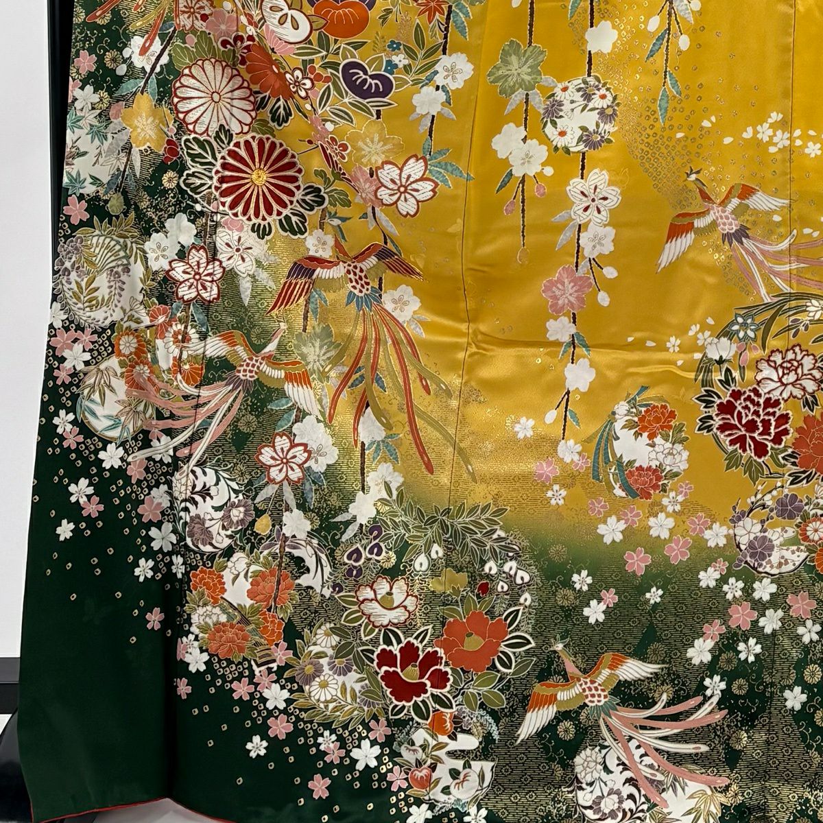 振袖禮服 身長171.5cm 袖長71cm L 雙層 花丸紋 鳥 金絲 金銀彩 山吹 純蠶絲 秀品級