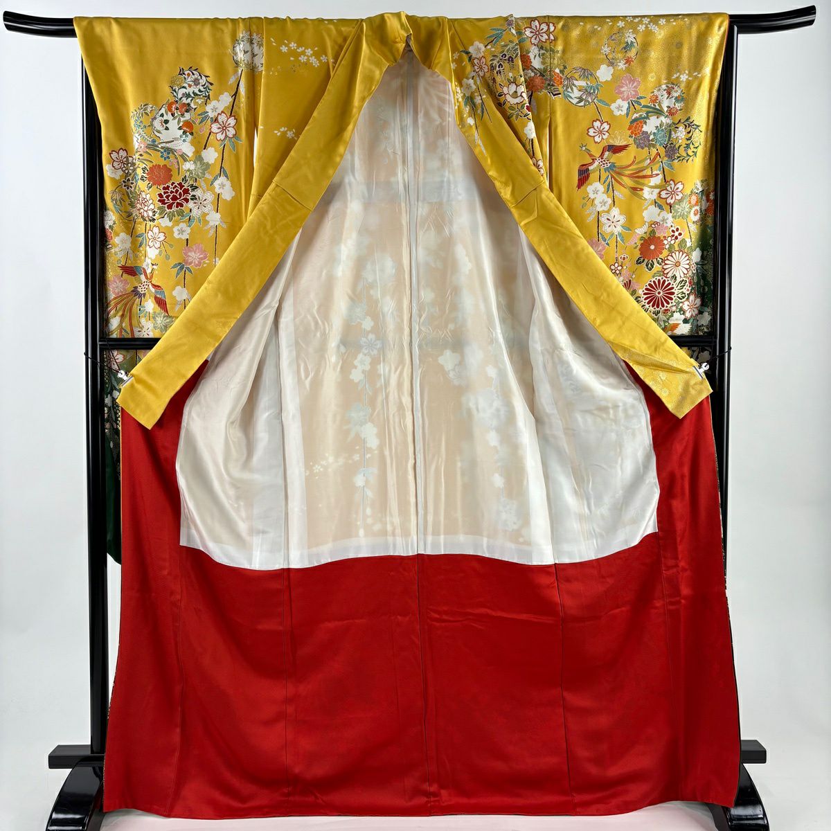 振袖禮服 身長171.5cm 袖長71cm L 雙層 花丸紋 鳥 金絲 金銀彩 山吹 純蠶絲 秀品級